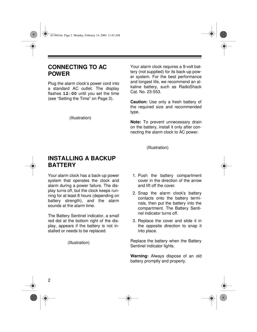 Radio Shack 63-960 user service Connecting to AC Power, Installing a Backup Battery 