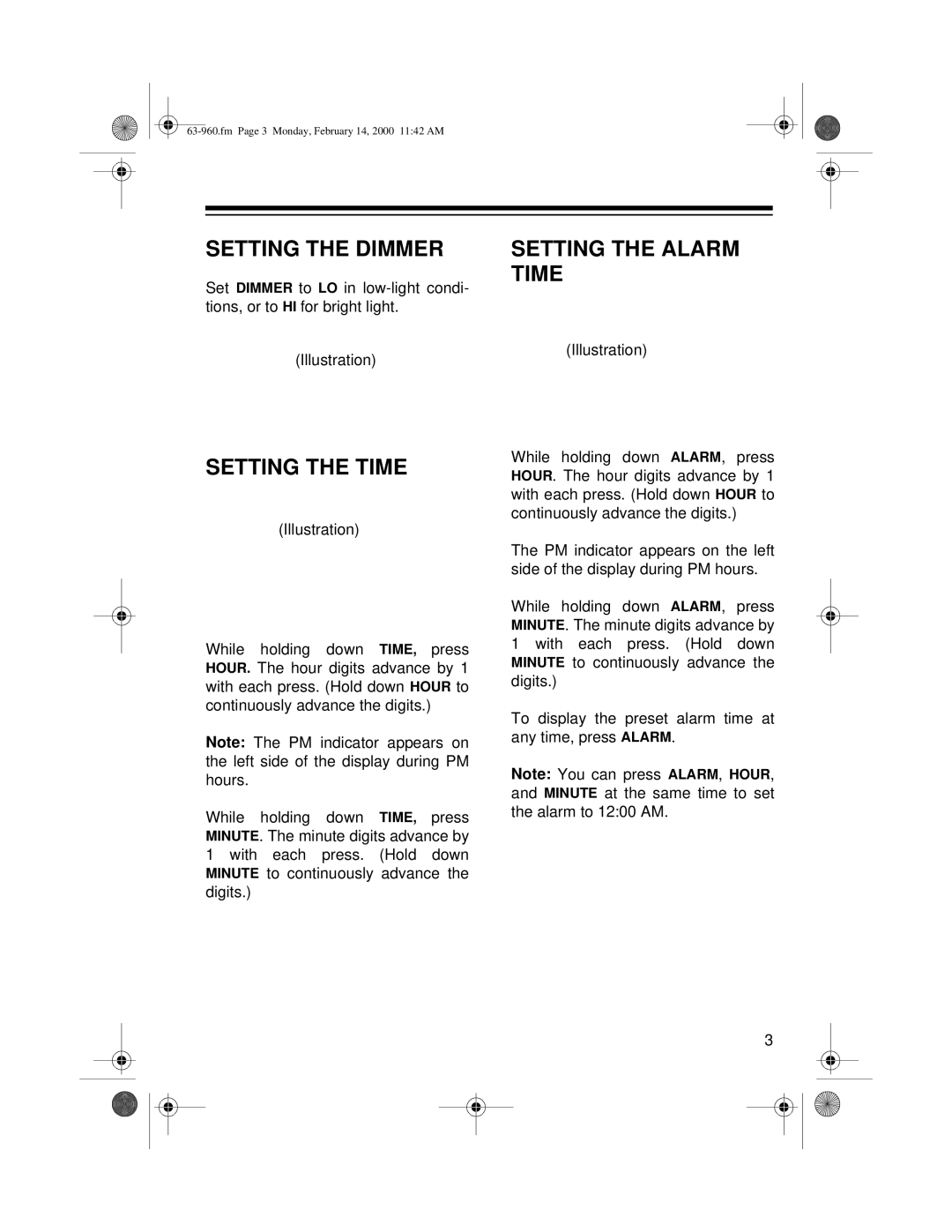 Radio Shack 63-960 user service Setting the Dimmer, Setting the Time, Setting the Alarm Time 