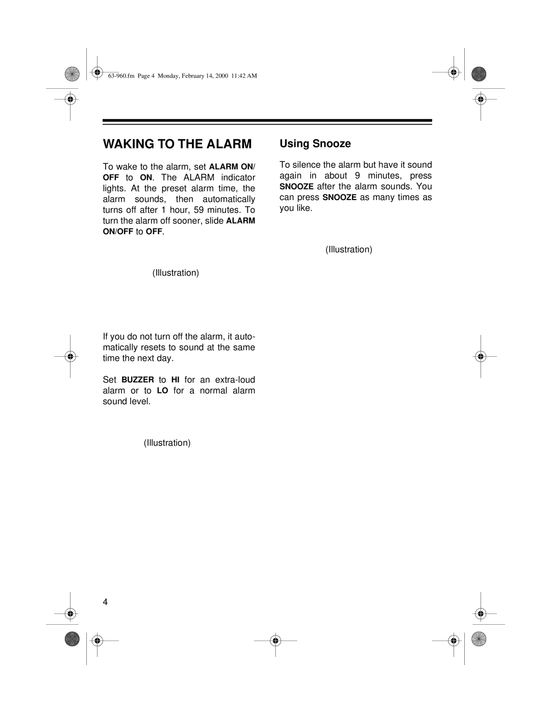 Radio Shack 63-960 user service Waking to the Alarm, Using Snooze 