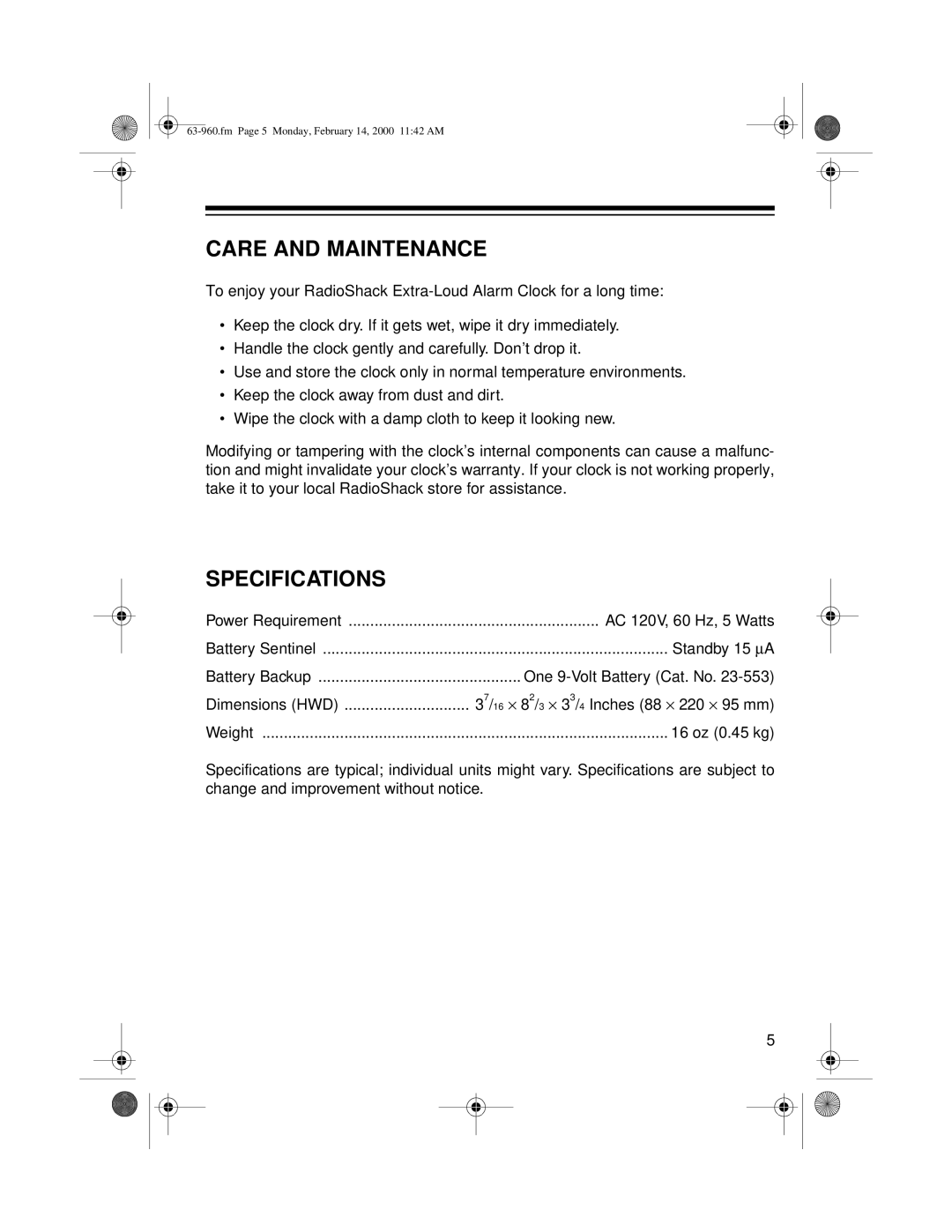 Radio Shack 63-960 user service Care and Maintenance, Specifications 