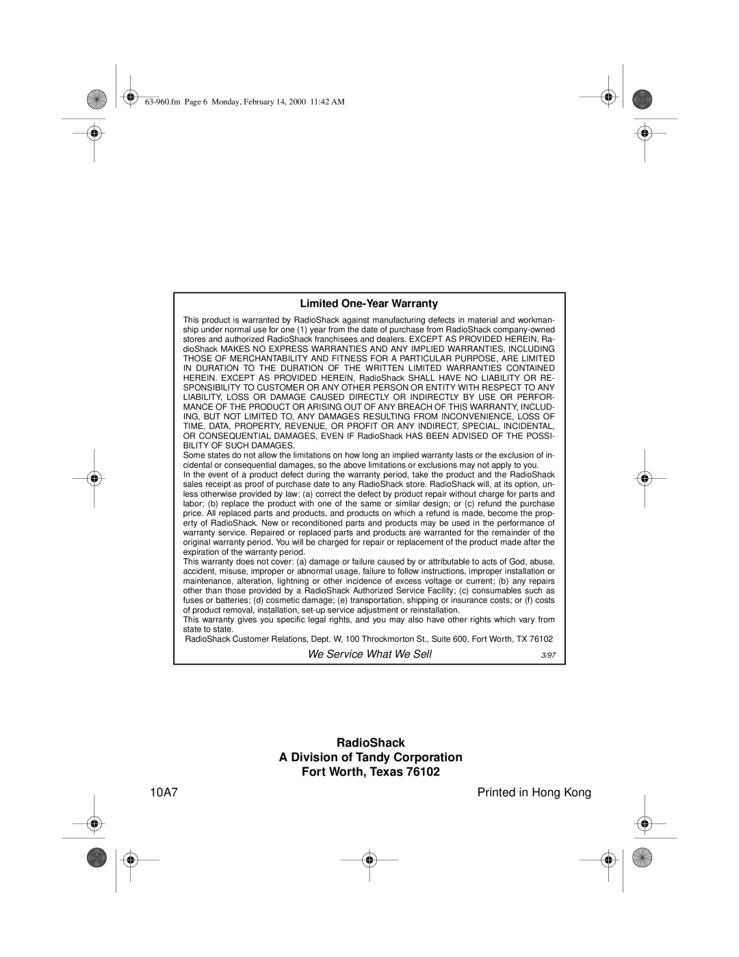 Radio Shack 63-960 user service RadioShack Division of Tandy Corporation Fort Worth, Texas 