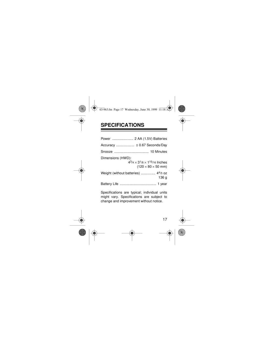 Radio Shack 63-963 owner manual Specifications 