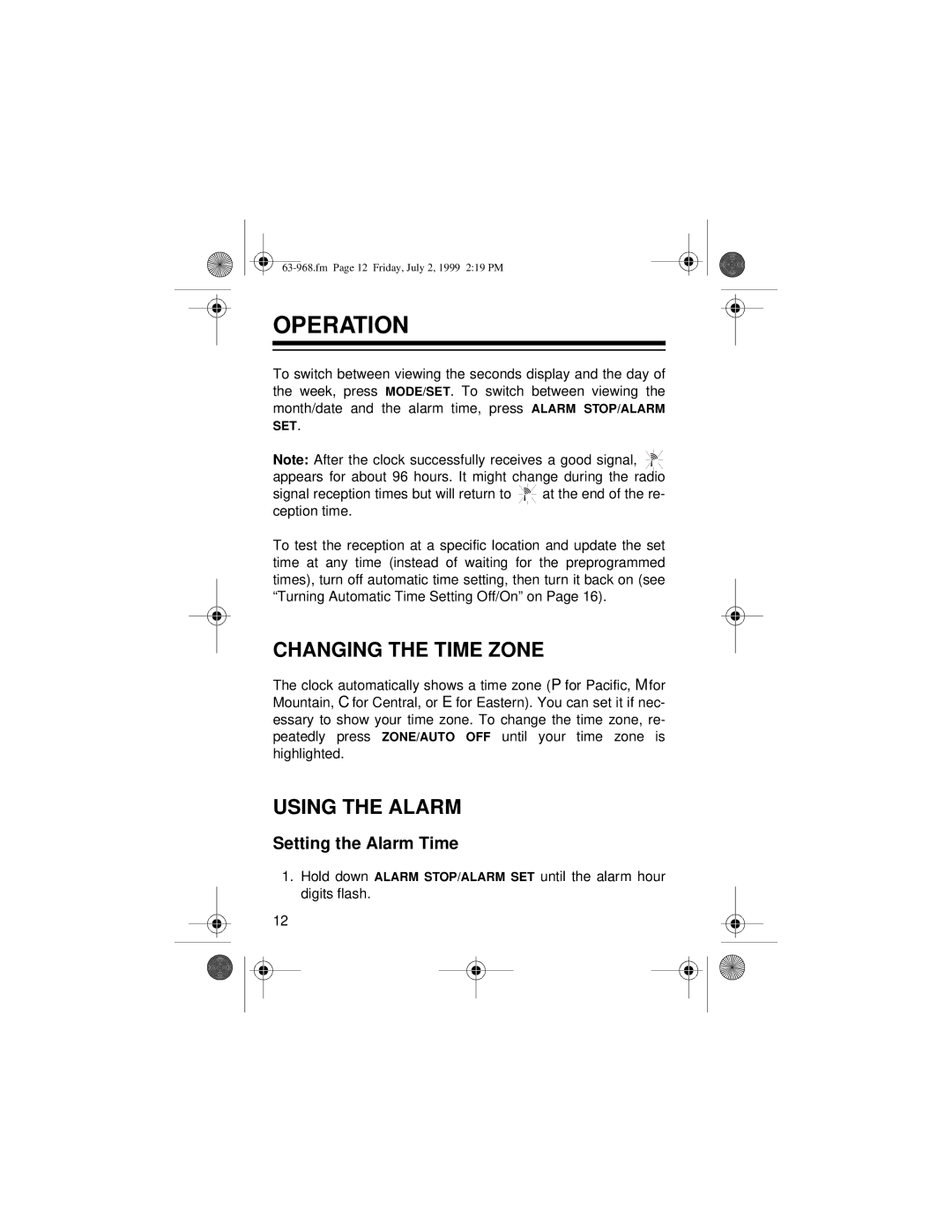 Radio Shack 63-968 owner manual Operation, Changing the Time Zone, Using the Alarm, Setting the Alarm Time 