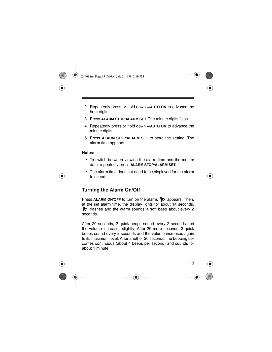 Radio Shack 63-968 owner manual Turning the Alarm On/Off 