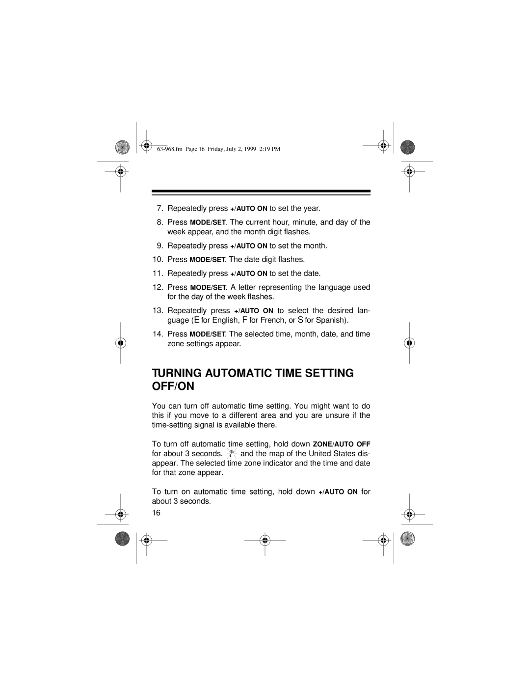 Radio Shack 63-968 owner manual Turning Automatic Time Setting OFF/ON 