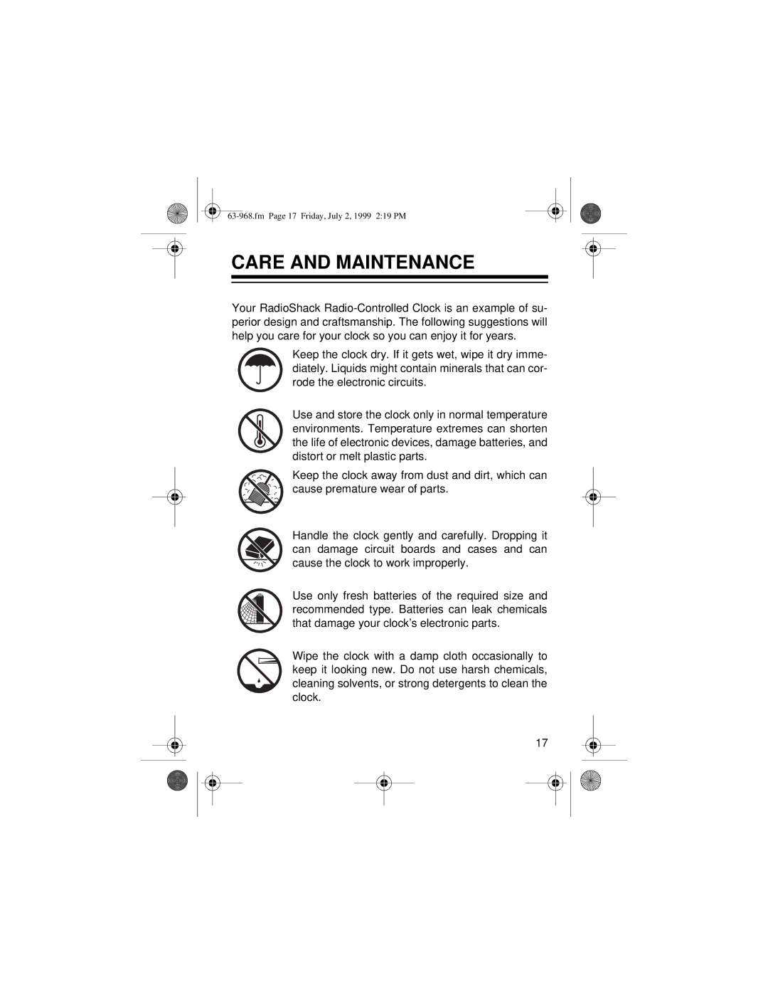 Radio Shack 63-968 owner manual Care and Maintenance 