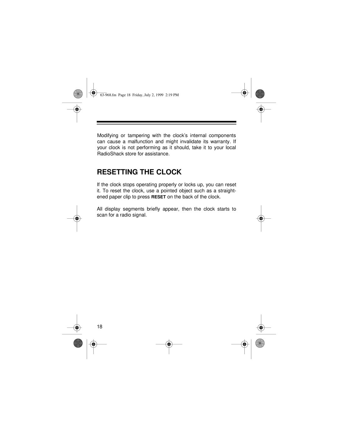 Radio Shack 63-968 owner manual Resetting the Clock 