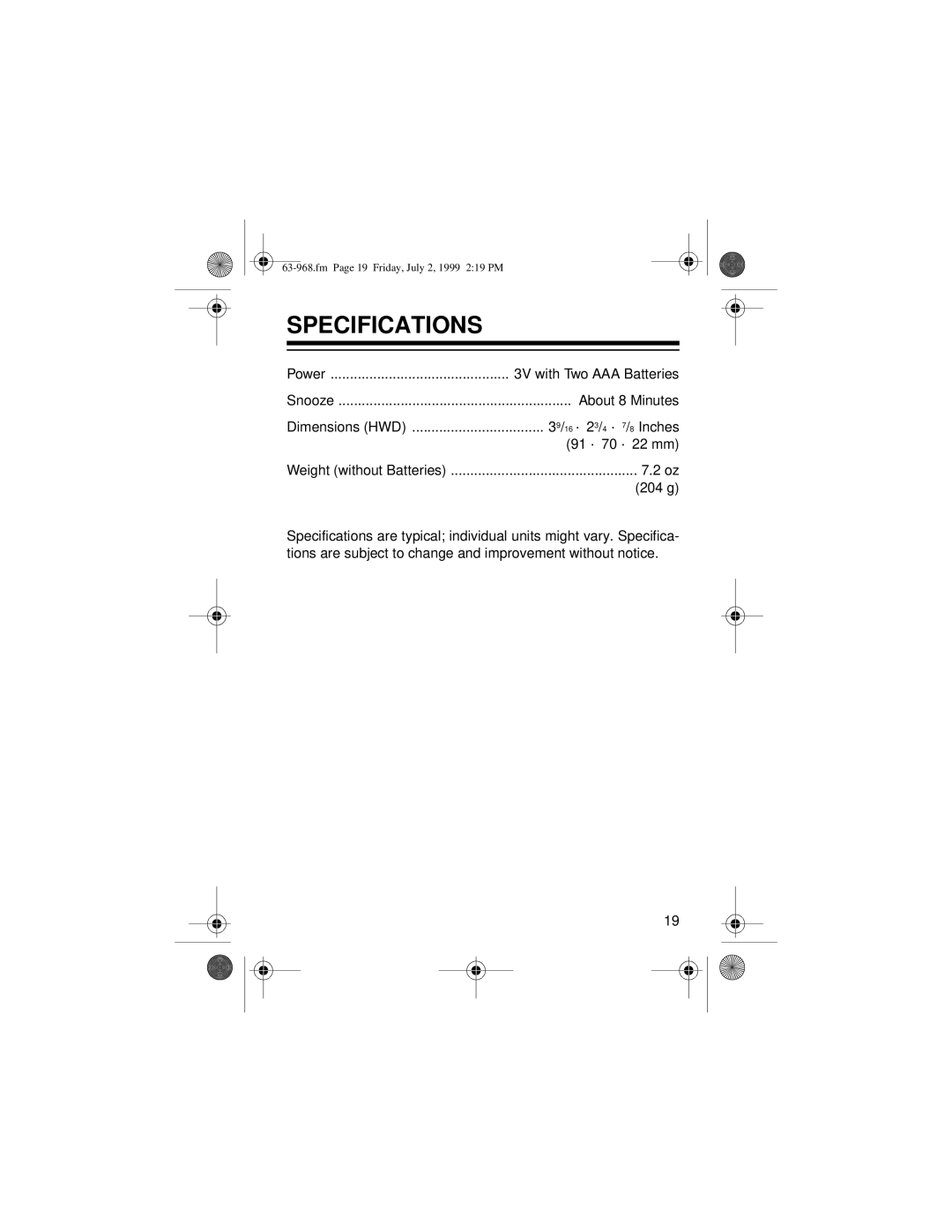 Radio Shack 63-968 owner manual Specifications 