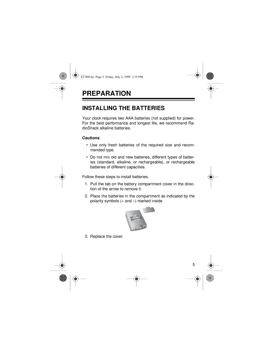 Radio Shack 63-968 owner manual Preparation, Installing the Batteries 