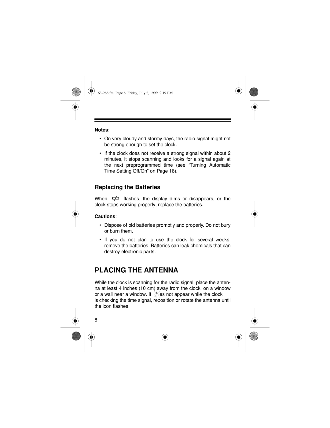 Radio Shack 63-968 owner manual Placing the Antenna, Replacing the Batteries 