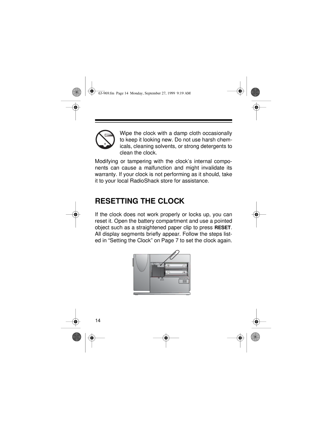 Radio Shack 63-969 owner manual Resetting the Clock 