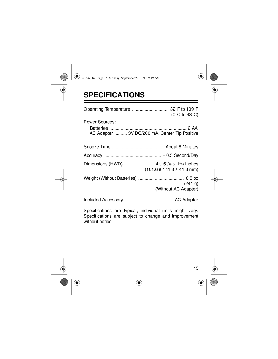 Radio Shack 63-969 owner manual Specifications 