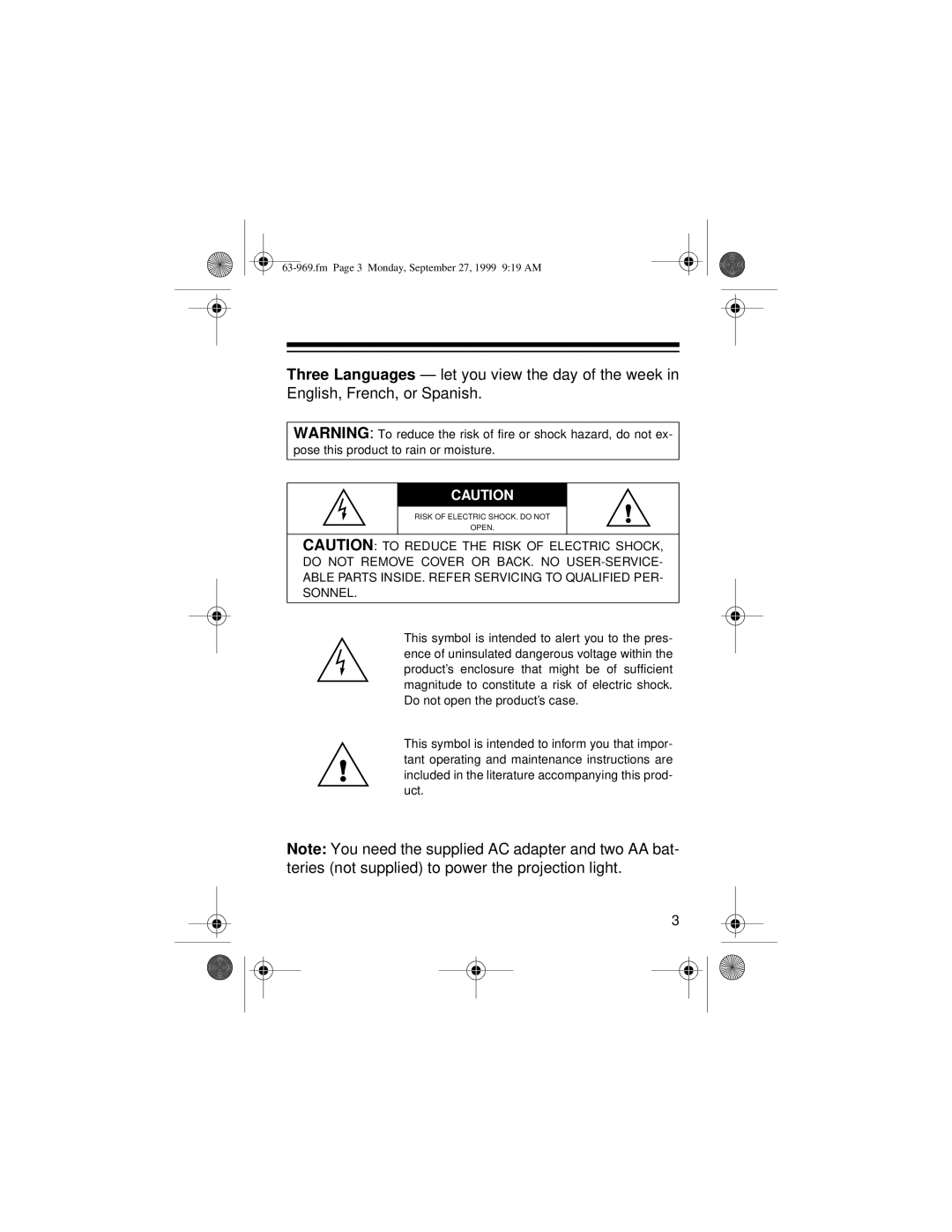 Radio Shack 63-969 owner manual Fm Page 3 Monday, September 27, 1999 919 AM 