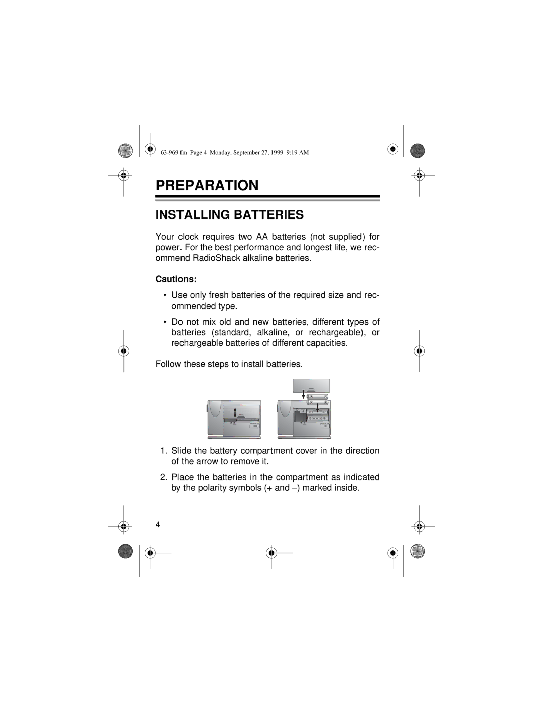 Radio Shack 63-969 owner manual Preparation, Installing Batteries 