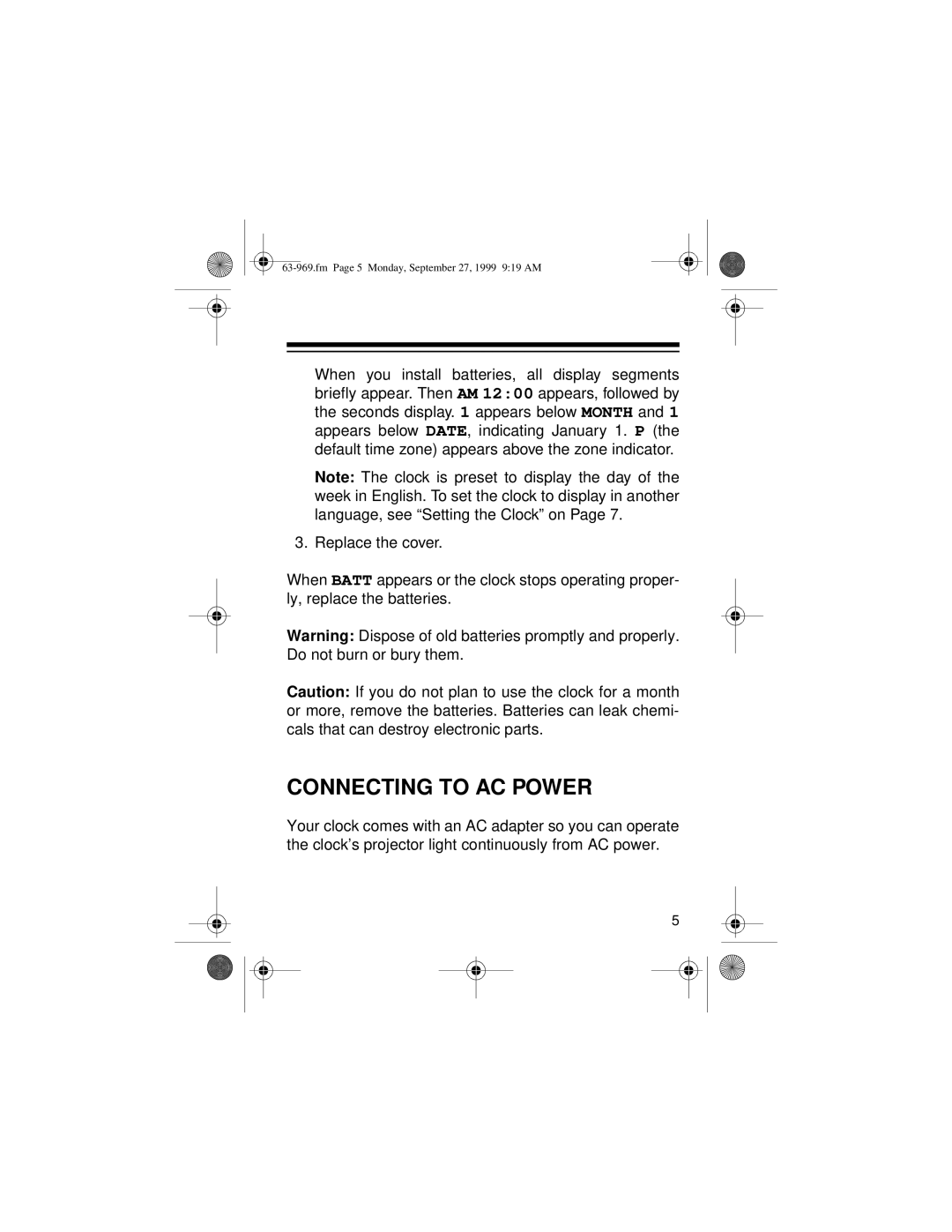 Radio Shack 63-969 owner manual Connecting to AC Power 