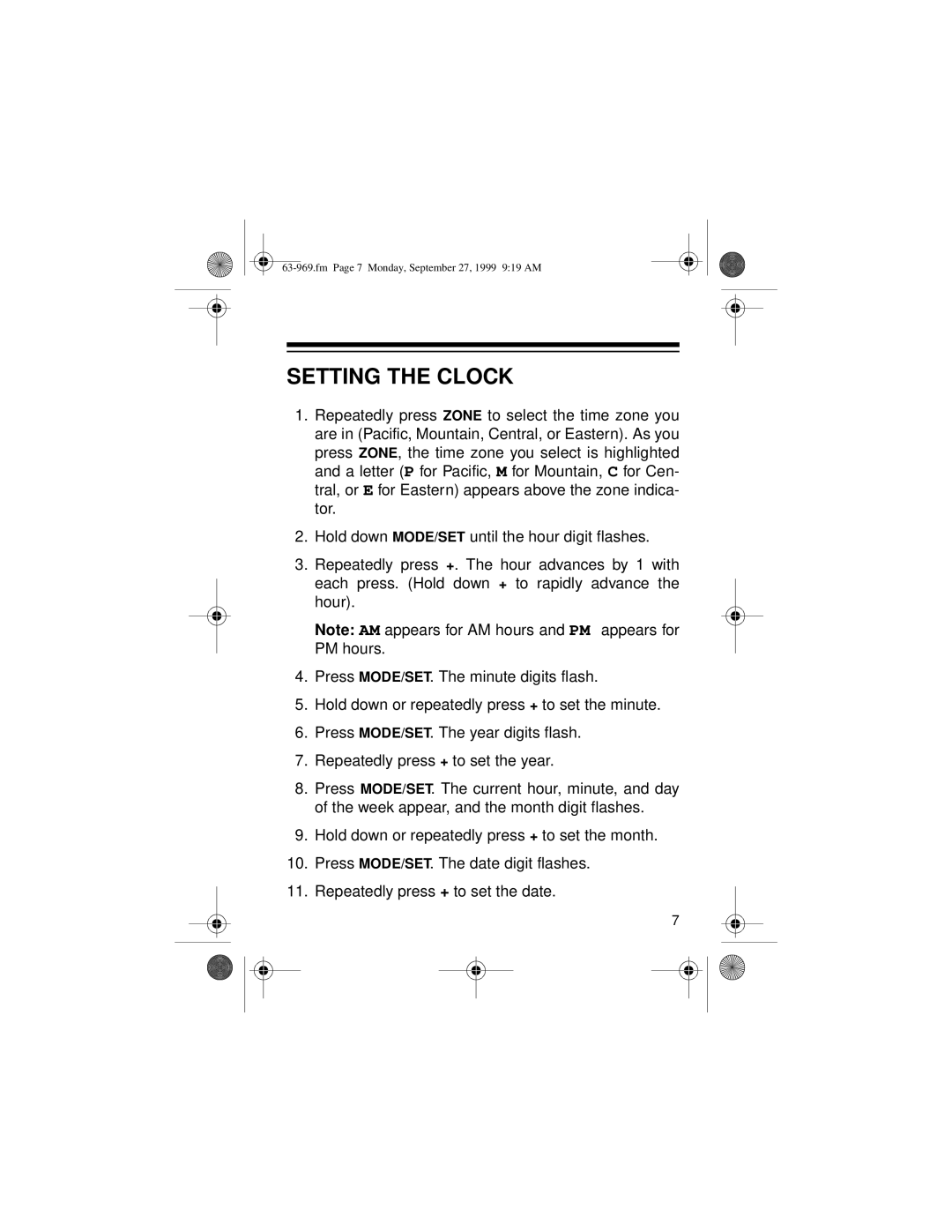 Radio Shack 63-969 owner manual Setting the Clock 