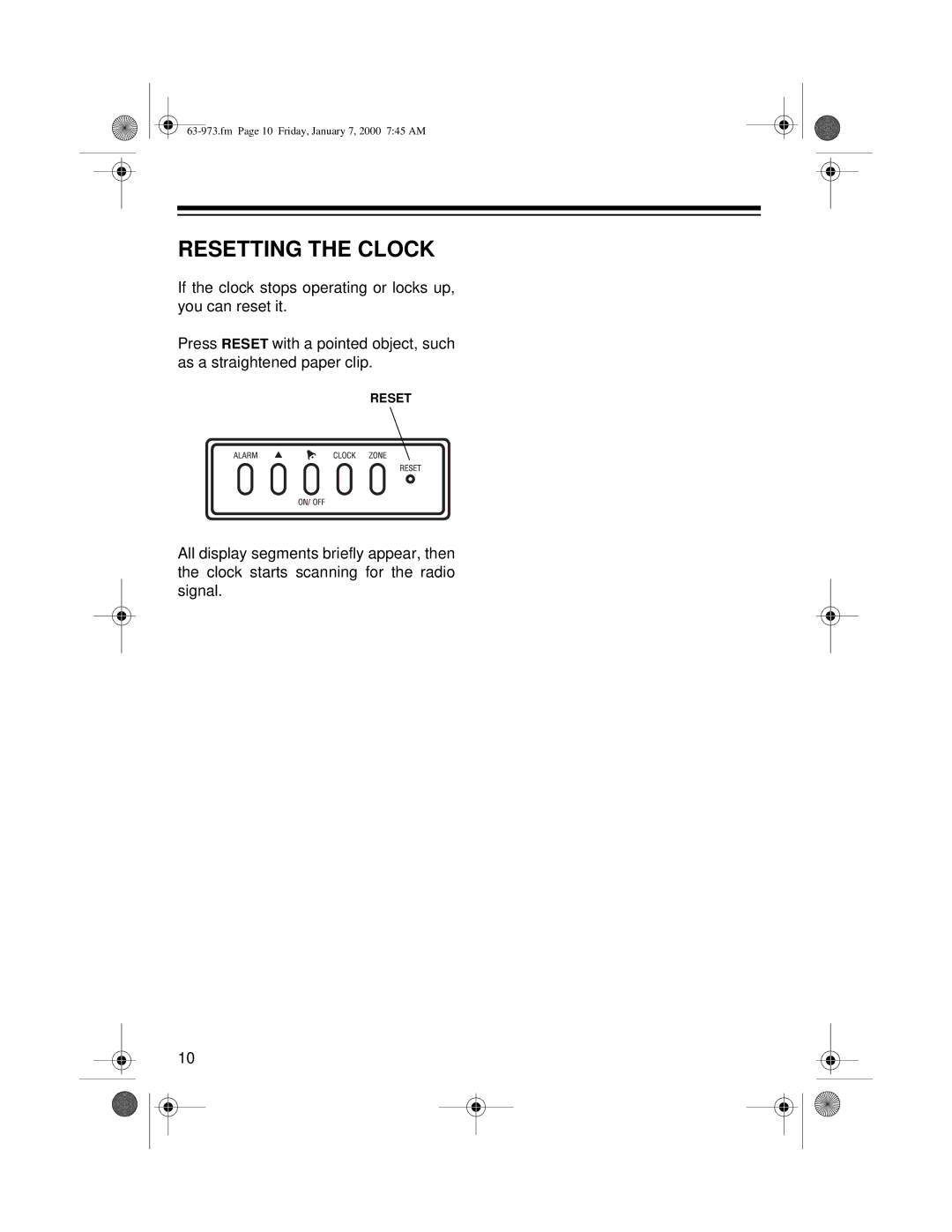 Radio Shack 63-973 owner manual Resetting the Clock 