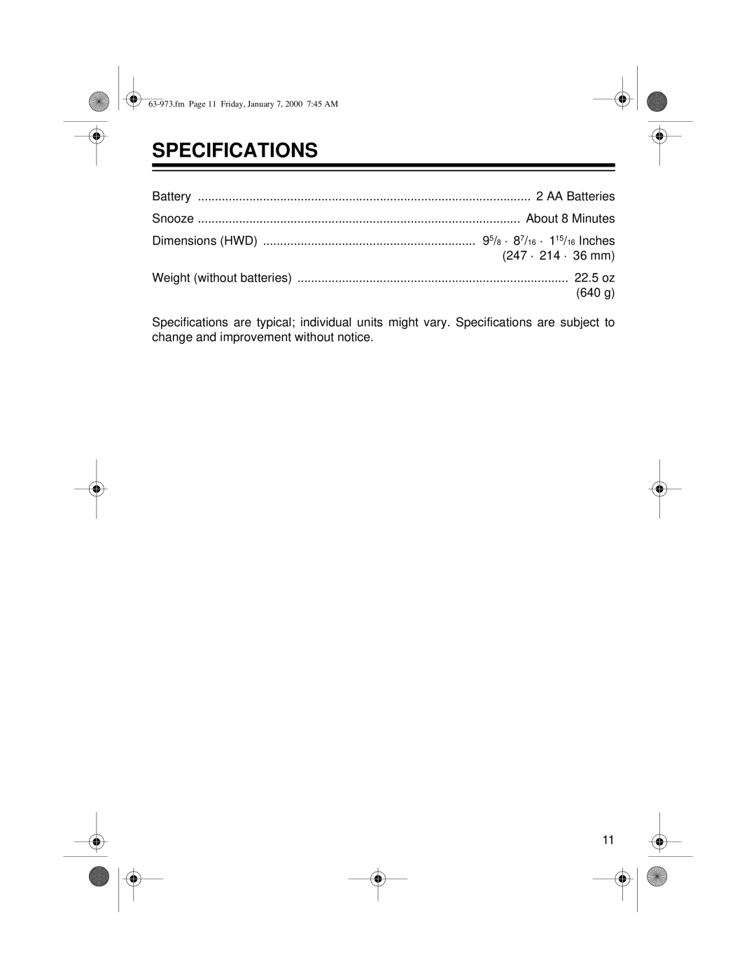 Radio Shack 63-973 owner manual Specifications 