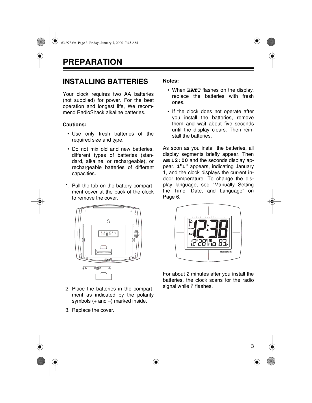 Radio Shack 63-973 owner manual Preparation, Installing Batteries 