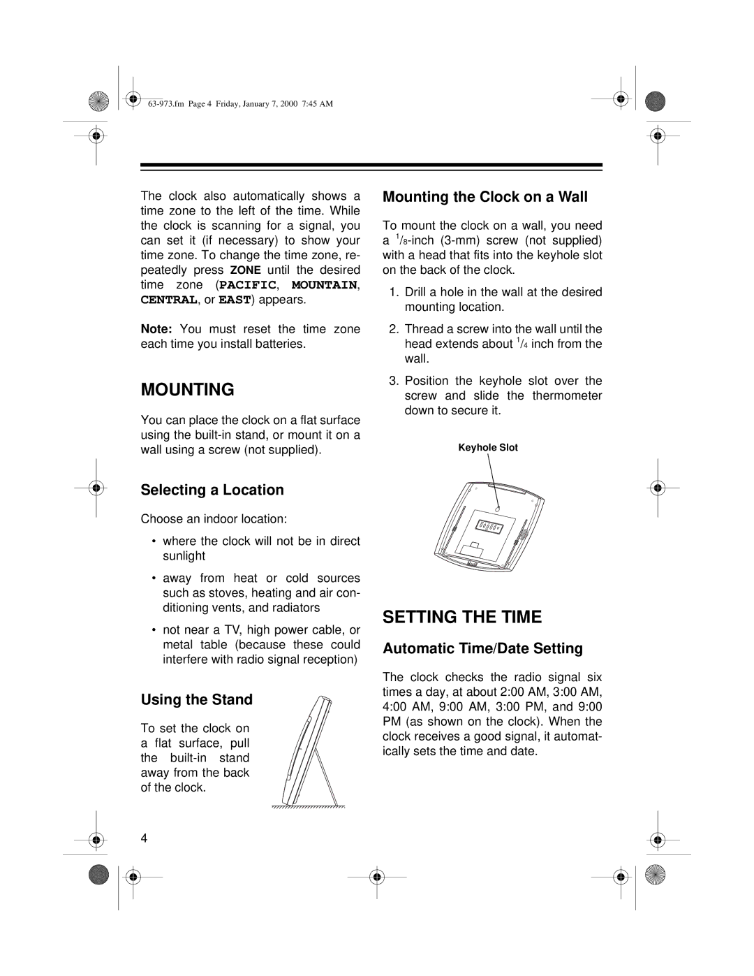 Radio Shack 63-973 owner manual Mounting, Setting the Time 