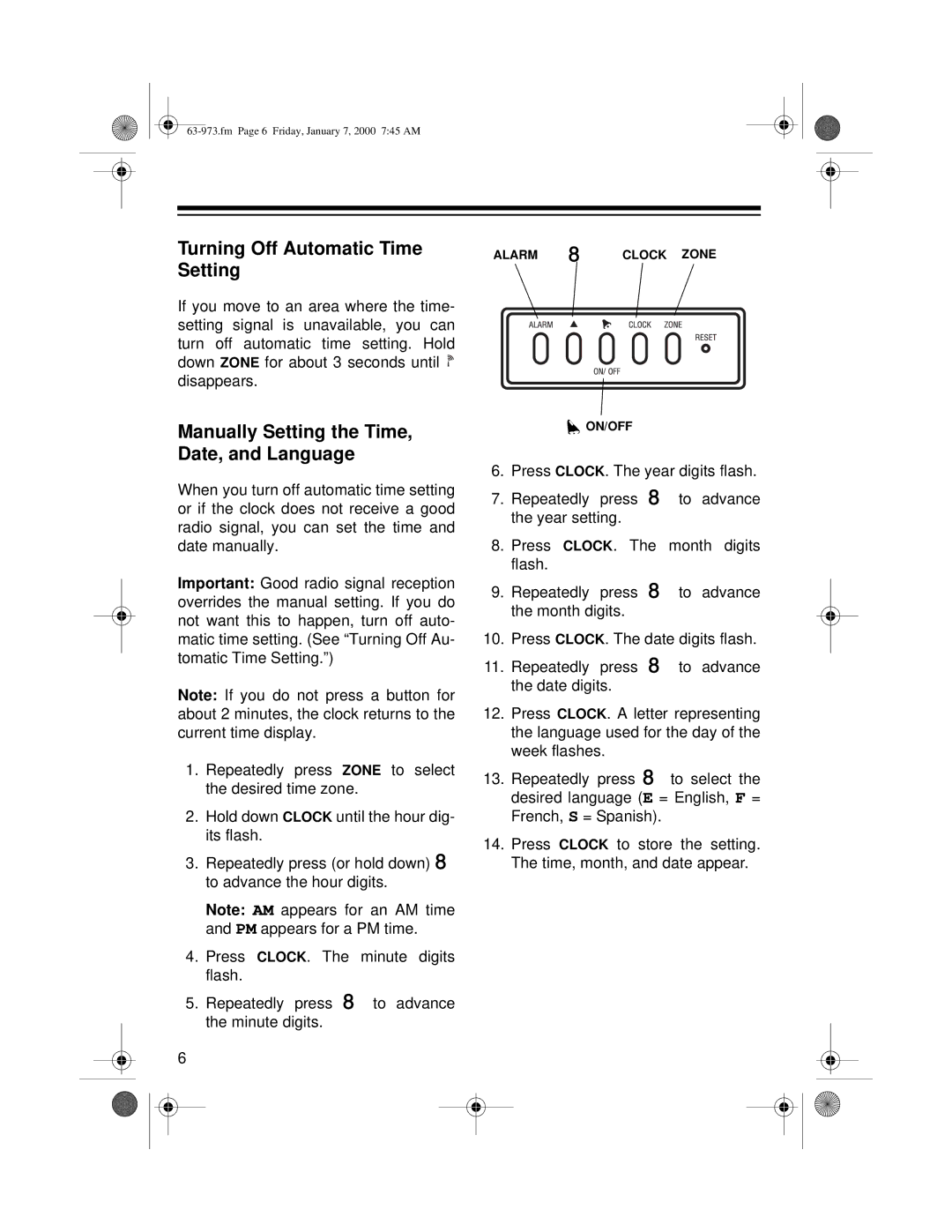 Radio Shack 63-973 owner manual Turning Off Automatic Time Setting, Manually Setting the Time, Date, and Language 