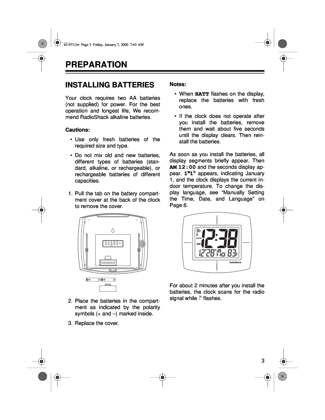 Radio Shack 63-973 owner manual Preparation, Installing Batteries, Cautions 