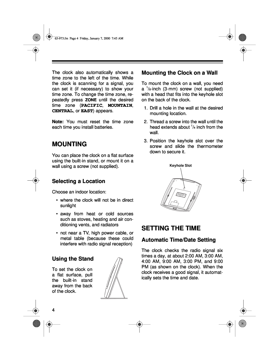 Radio Shack 63-973 owner manual Setting The Time, Selecting a Location, Using the Stand, Mounting the Clock on a Wall 