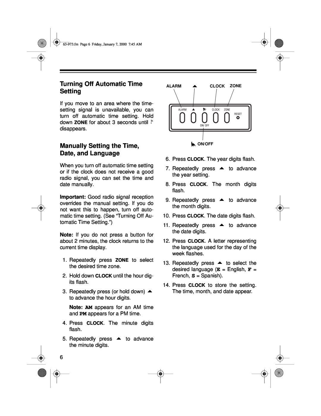 Radio Shack 63-973 owner manual Turning Off Automatic Time Setting, Manually Setting the Time, Date, and Language 