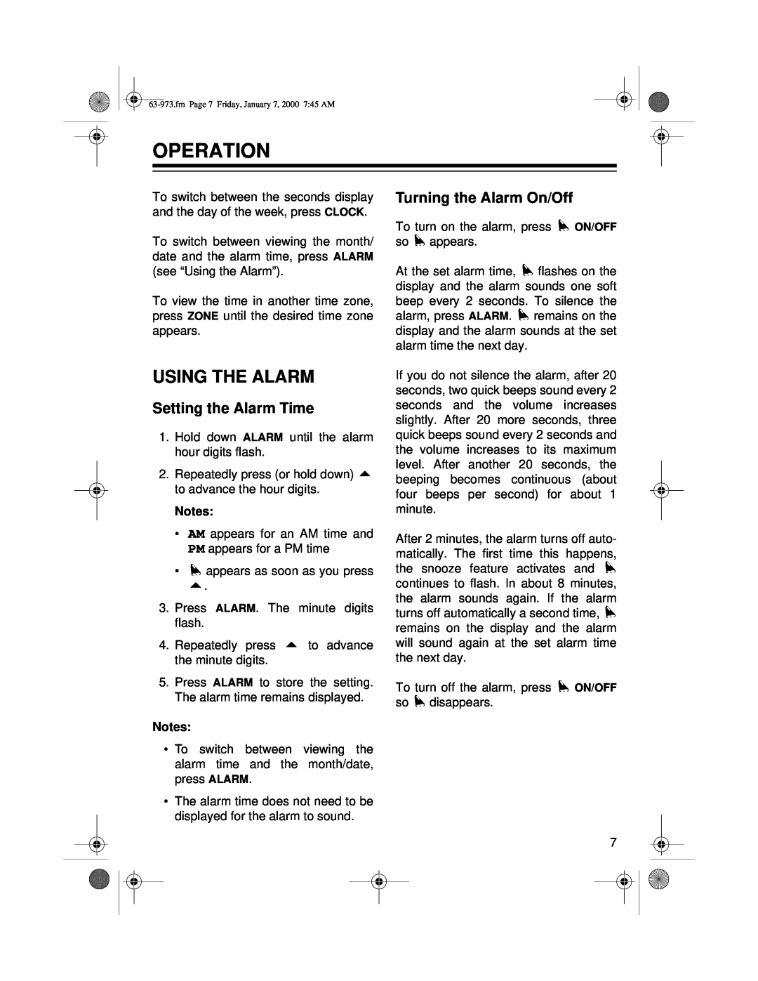 Radio Shack 63-973 owner manual Operation, Using The Alarm, Setting the Alarm Time, Turning the Alarm On/Off 