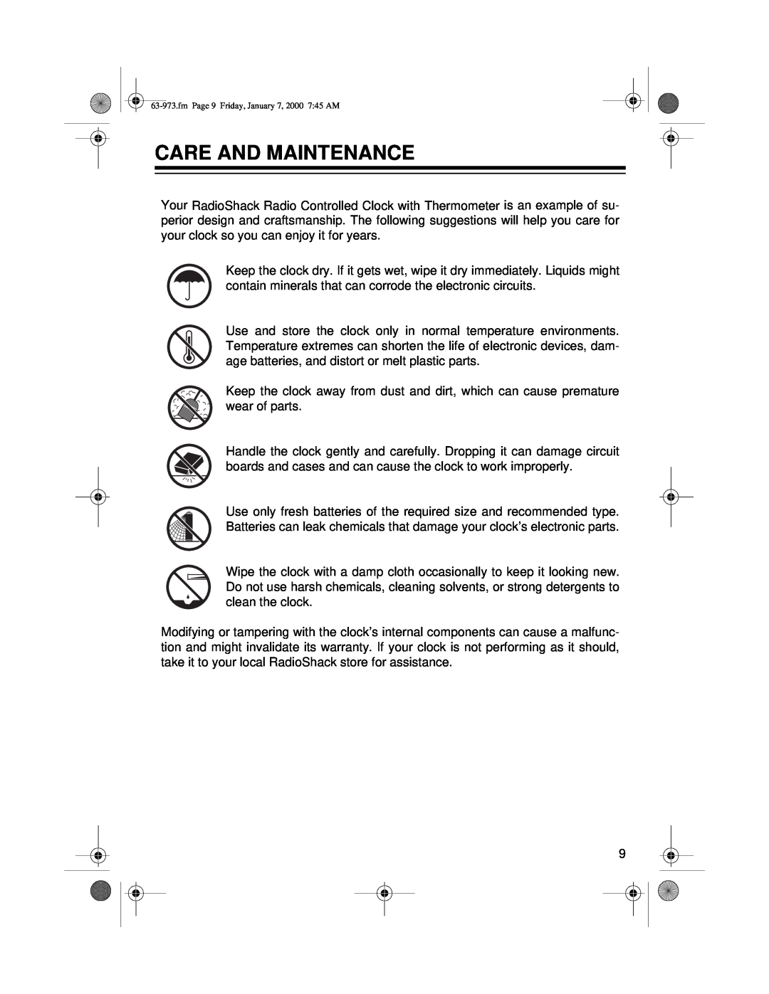 Radio Shack 63-973 owner manual Care And Maintenance, fm Page 9 Friday, January 7, 2000 745 AM 