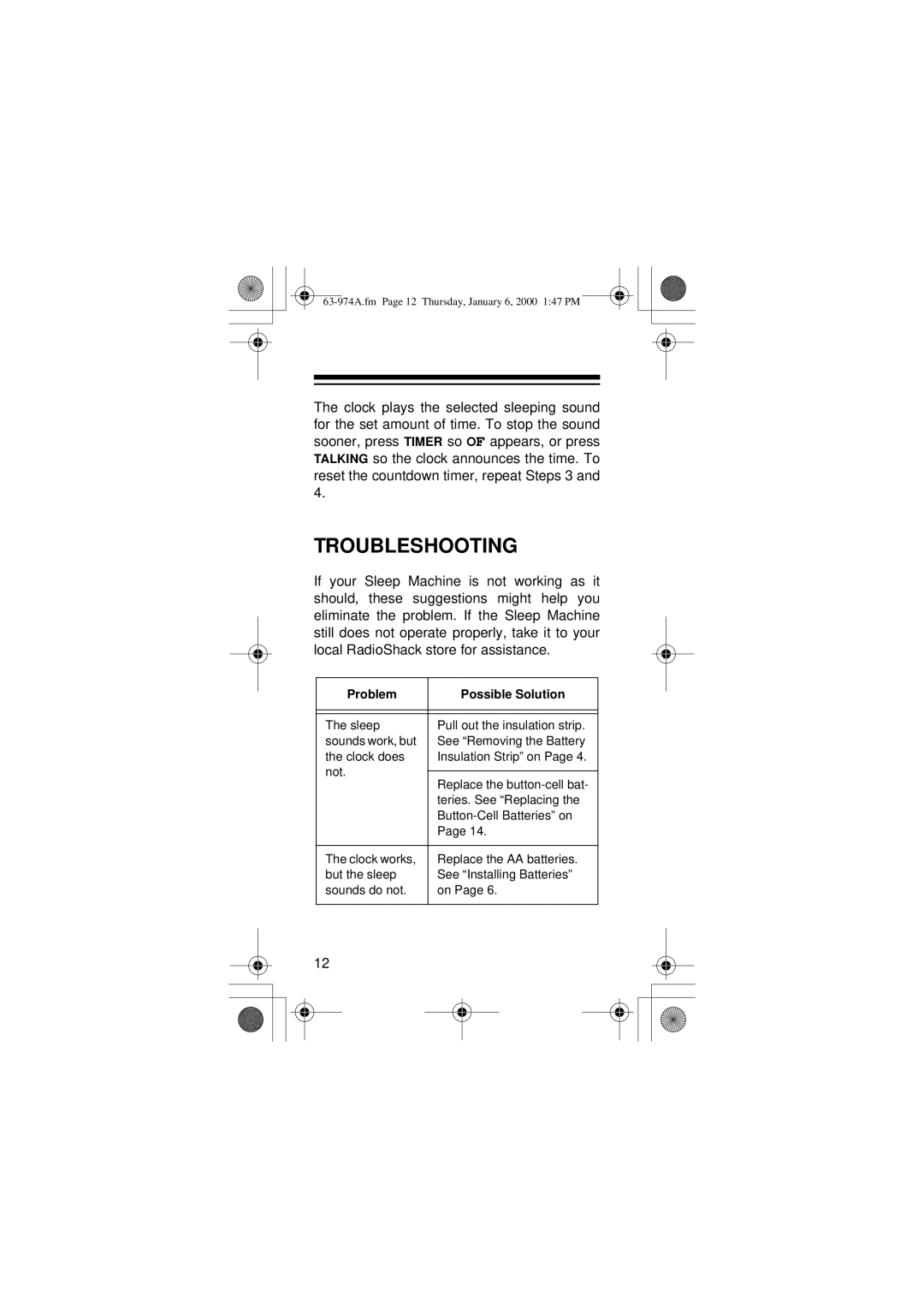 Radio Shack 63-974 owner manual Troubleshooting, Problem Possible Solution 