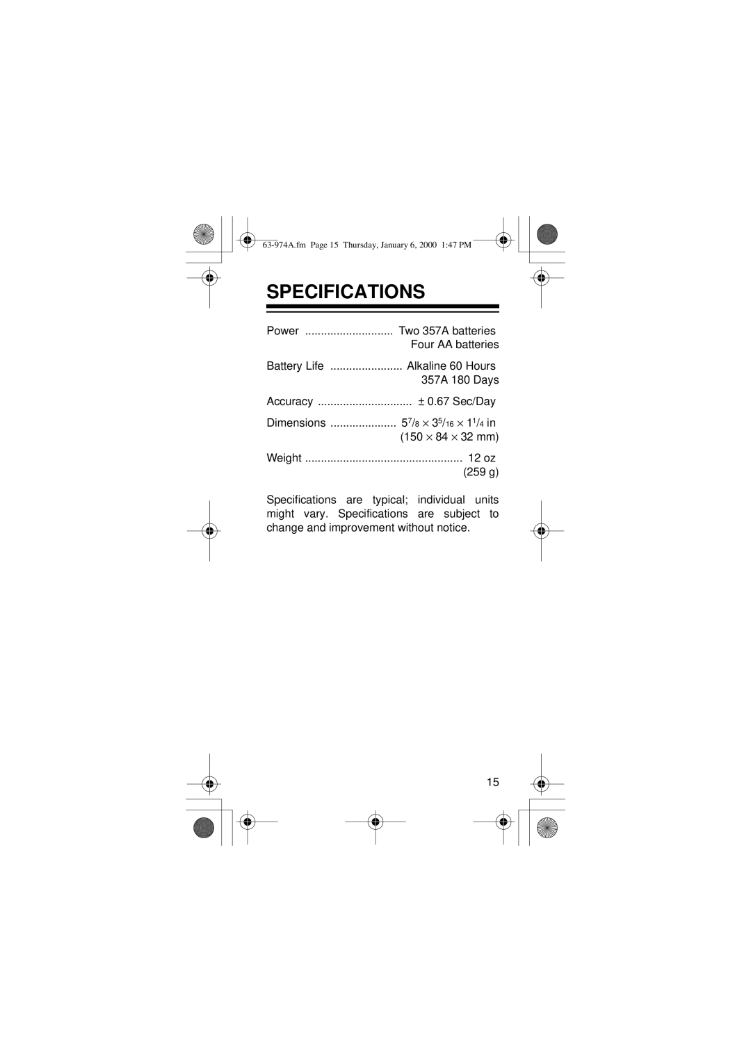 Radio Shack 63-974 owner manual Specifications 