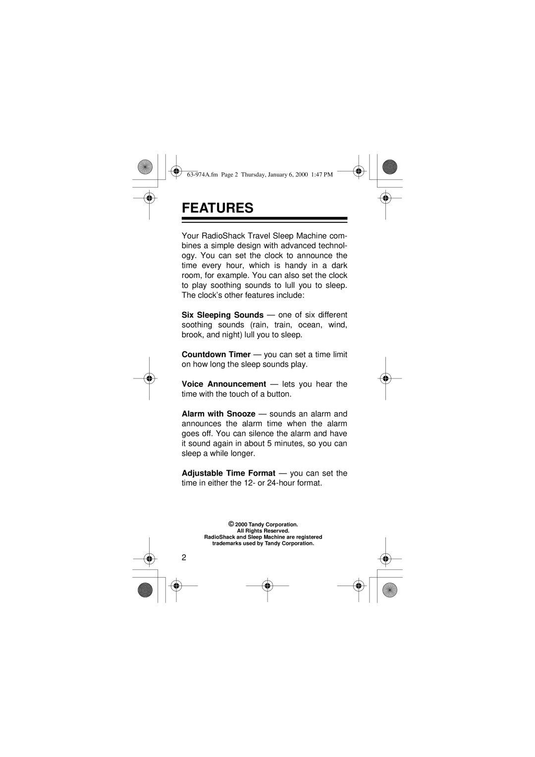 Radio Shack 63-974 owner manual Features 