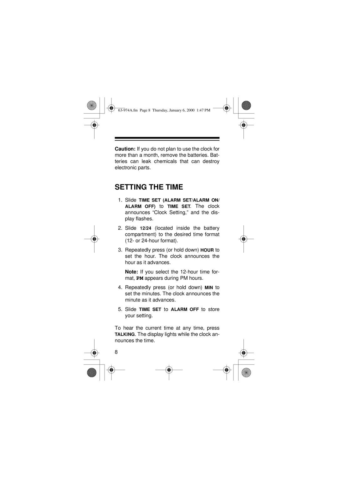 Radio Shack 63-974 owner manual Setting the Time 