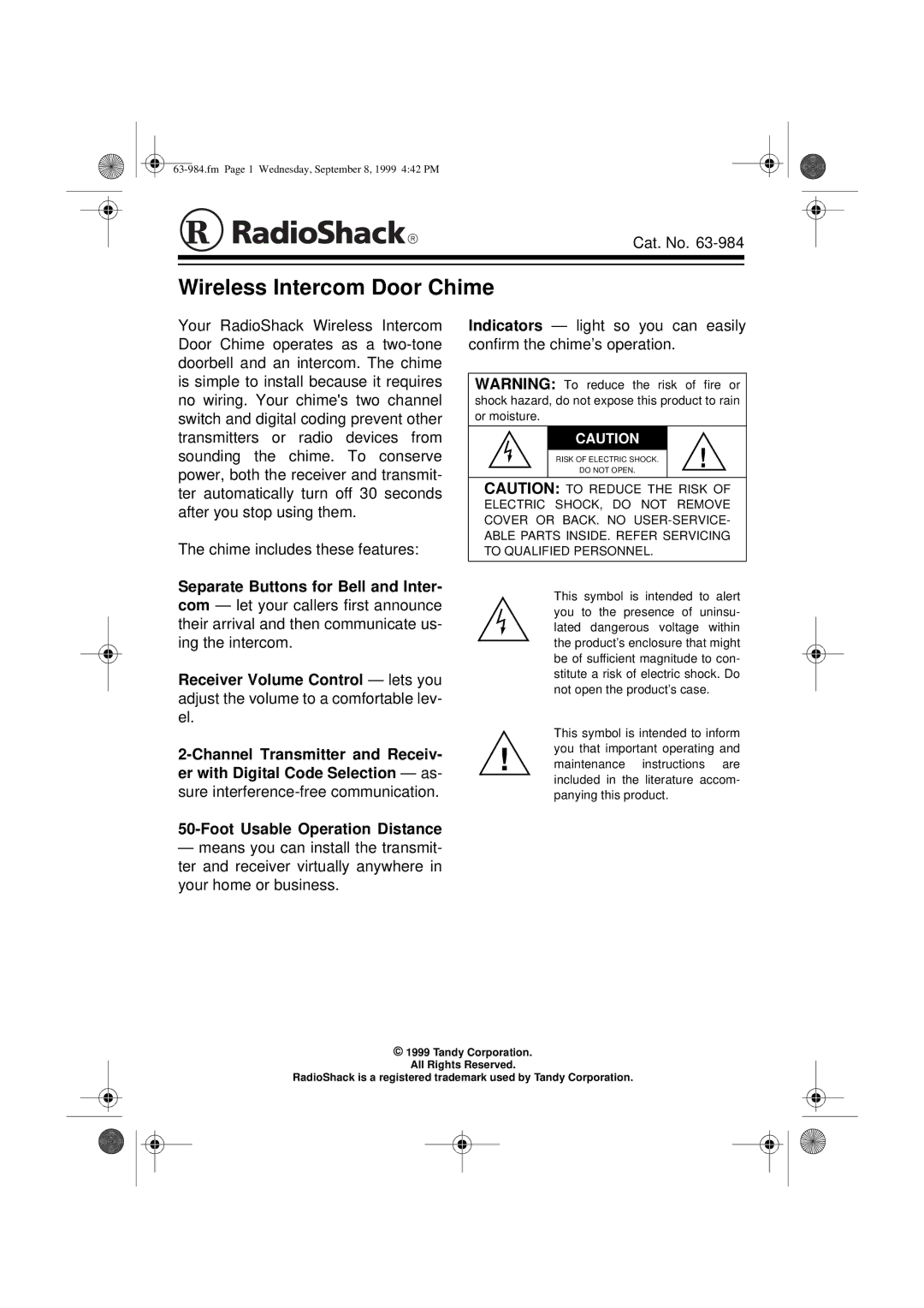 Radio Shack 63-984 user service Wireless Intercom Door Chime 