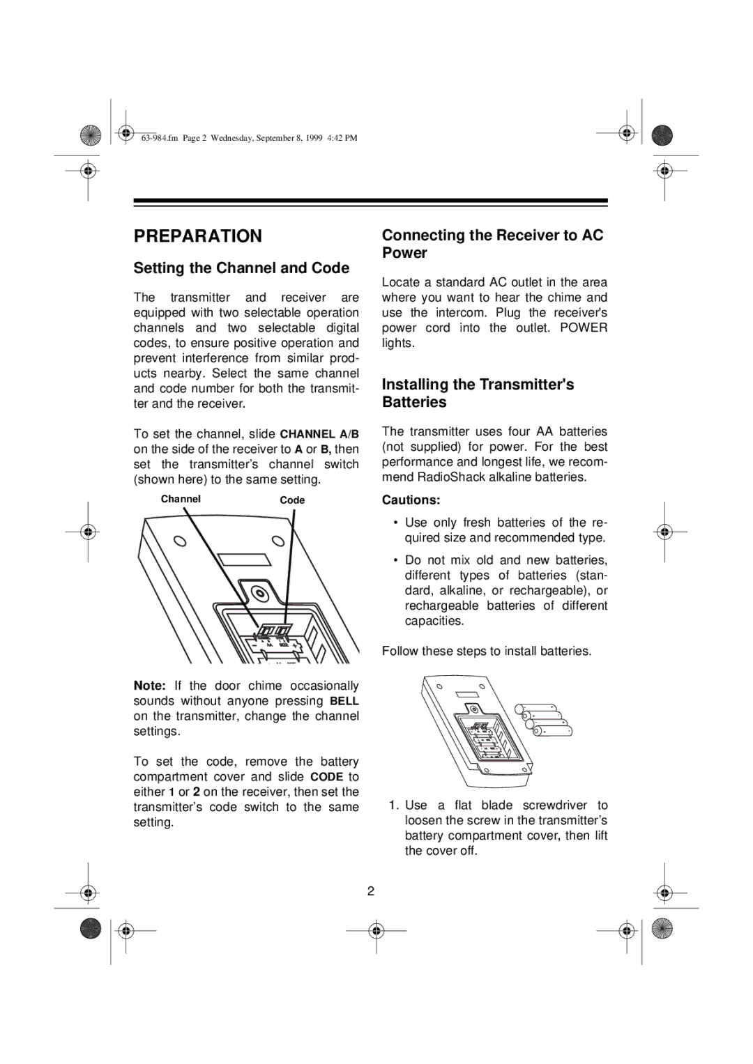 Radio Shack 63-984 user service Preparation, Setting the Channel and Code, Connecting the Receiver to AC Power 