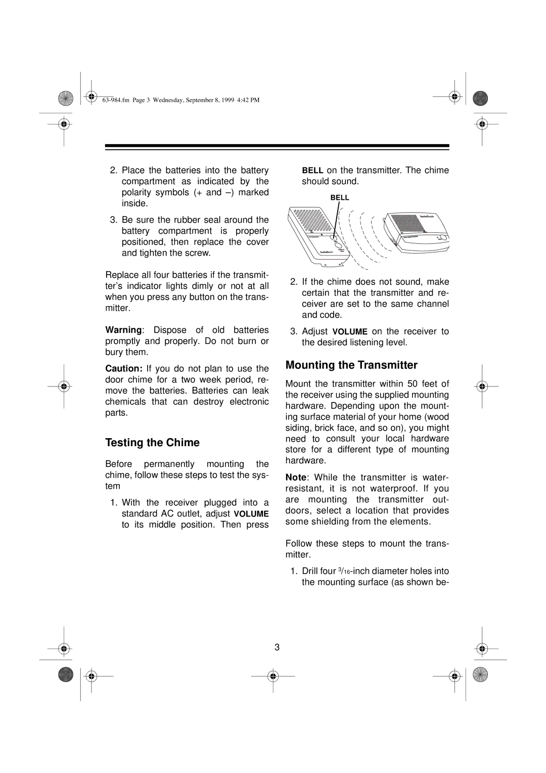 Radio Shack 63-984 user service Testing the Chime, Mounting the Transmitter 