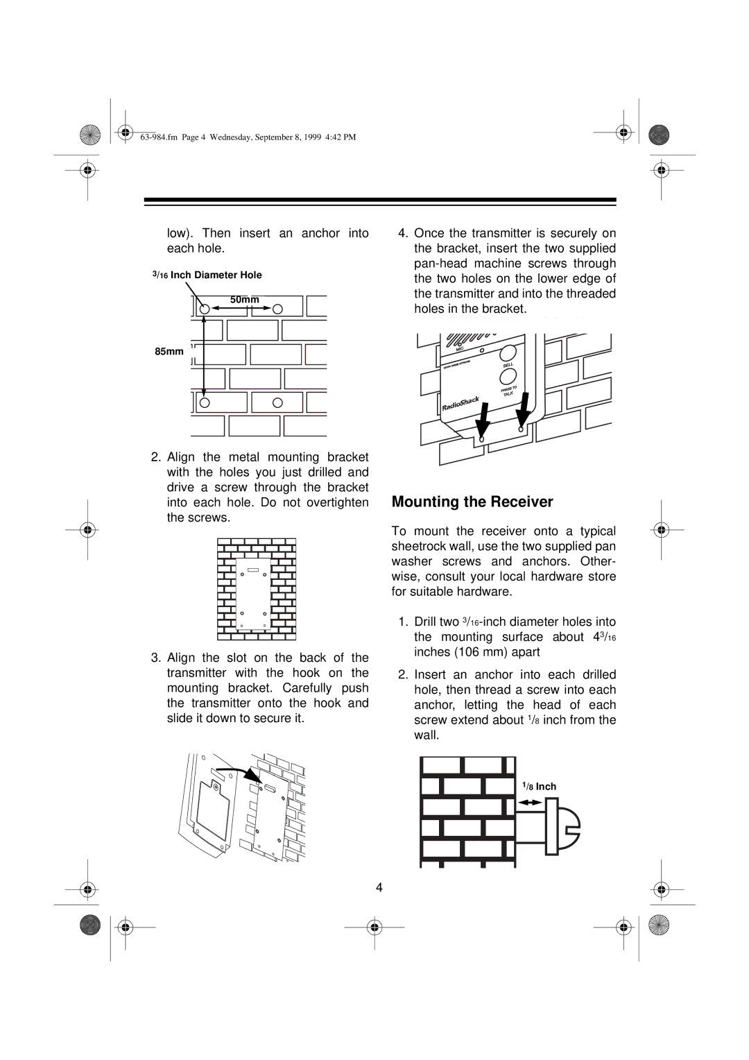 Radio Shack 63-984 user service Mounting the Receiver 