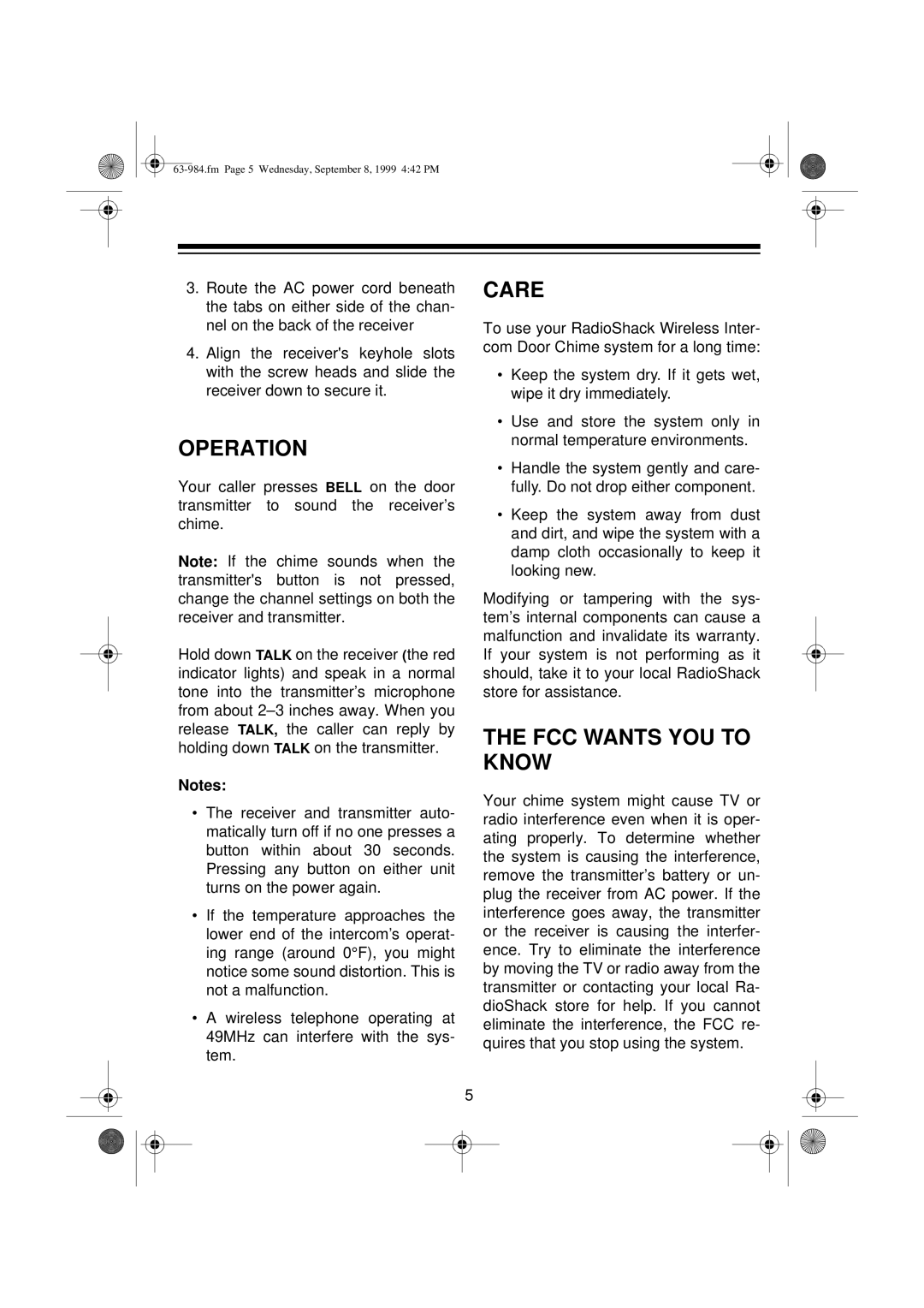 Radio Shack 63-984 user service Operation, Care, FCC Wants YOU to Know 