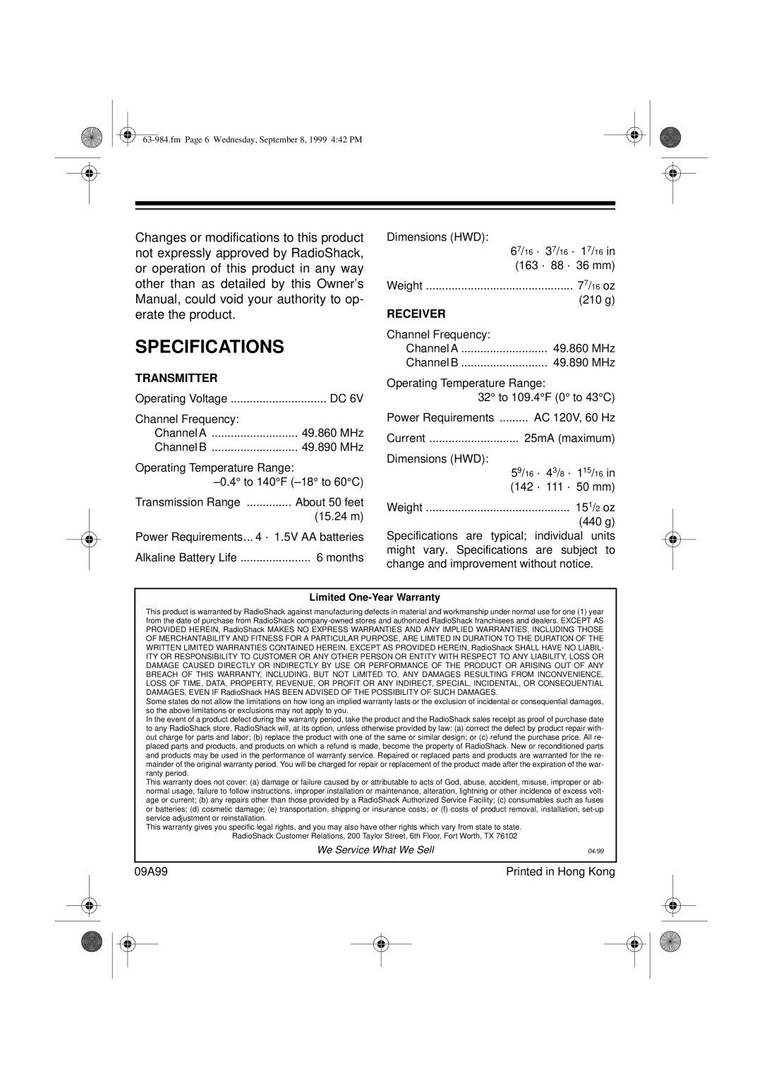 Radio Shack 63-984 user service Specifications, Transmitter 