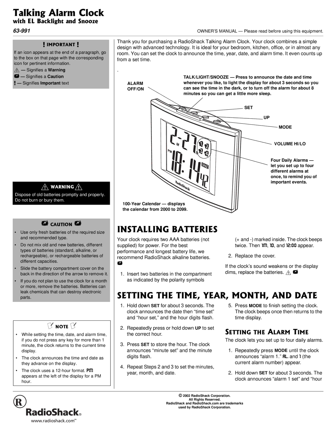 Radio Shack 02A02, 63-991 owner manual +056#..+0$#664+5, 566+06*6+/.#4./106*.#0&, 566+06*#.#4/6+ 