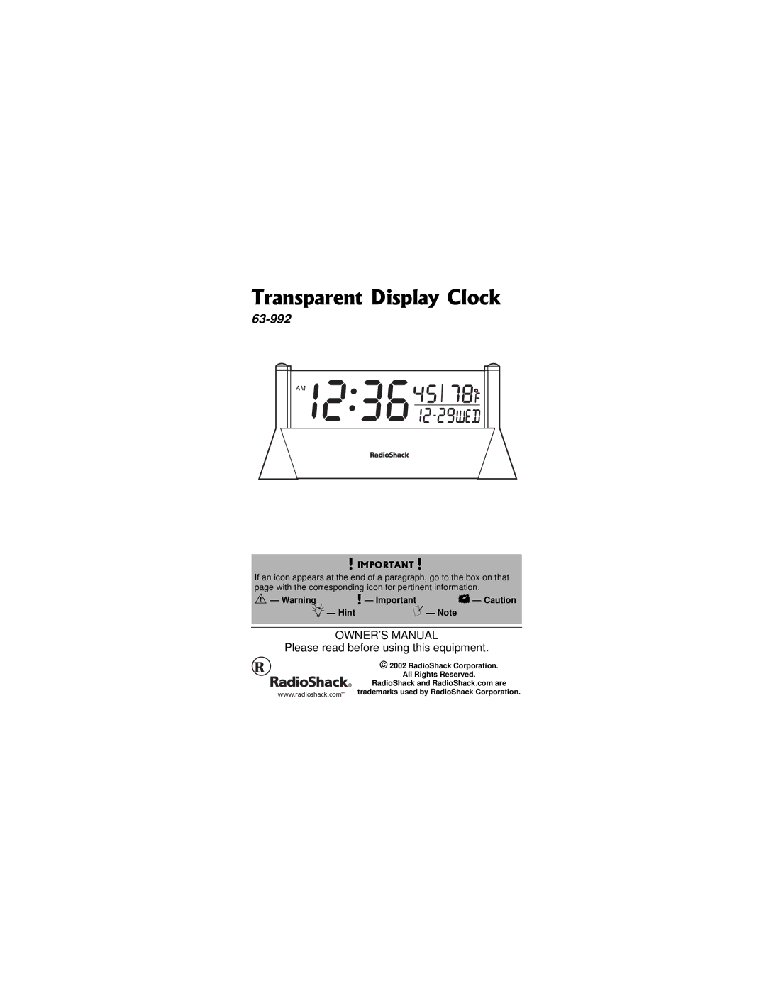 Radio Shack 63-992 owner manual 6TCPURCTGPV&KURNC%NQEM 