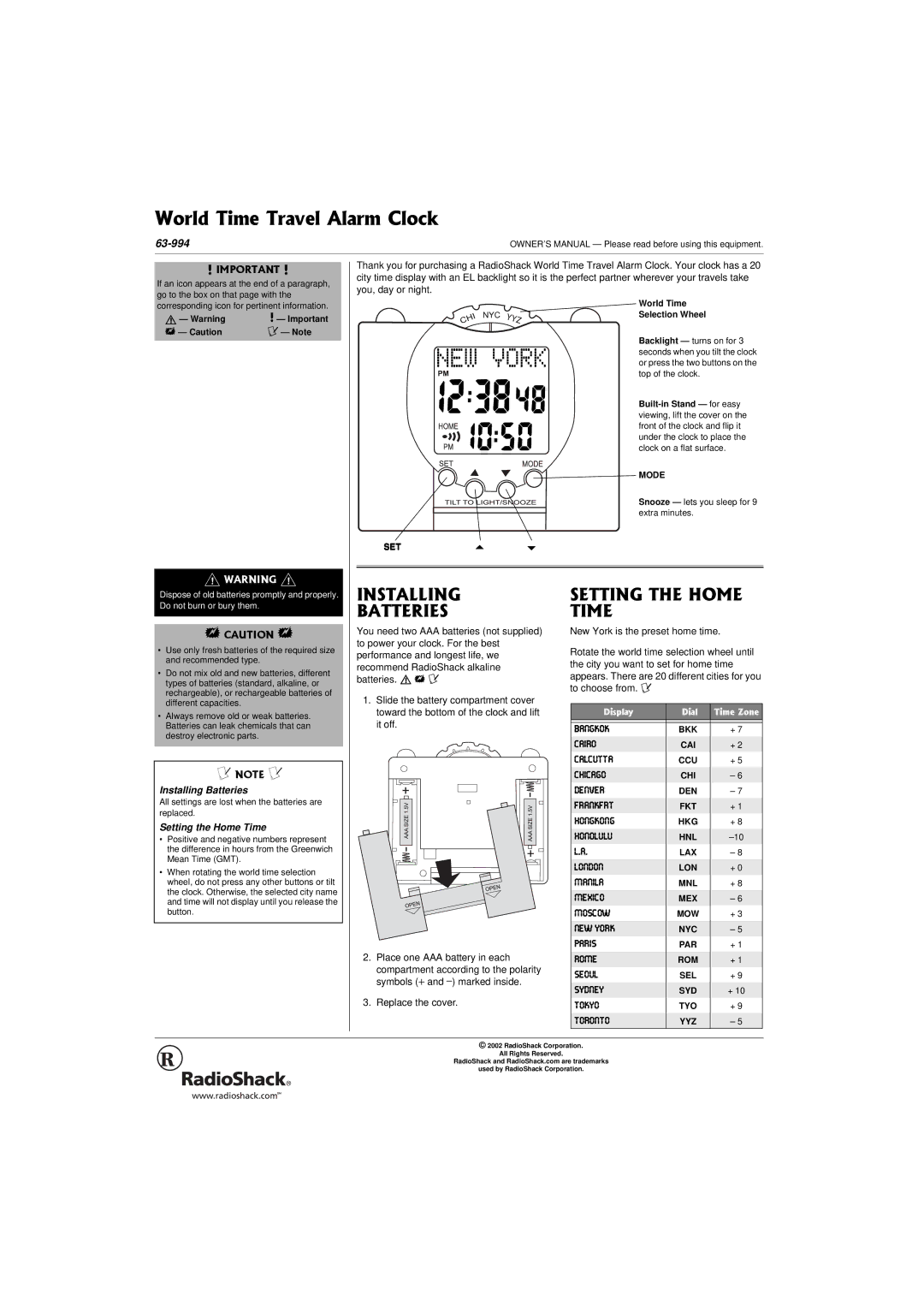 Radio Shack 63-994 owner manual +056#..+0 $#664+5, 566+06**1/ 6+, Installing Batteries, Setting the Home Time 