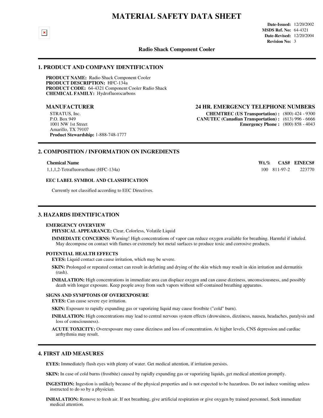 Radio Shack HFC-134a, 64-4321 manual Product and Company Identification, Manufacturer 24 HR. Emergency Telephone Numbers 