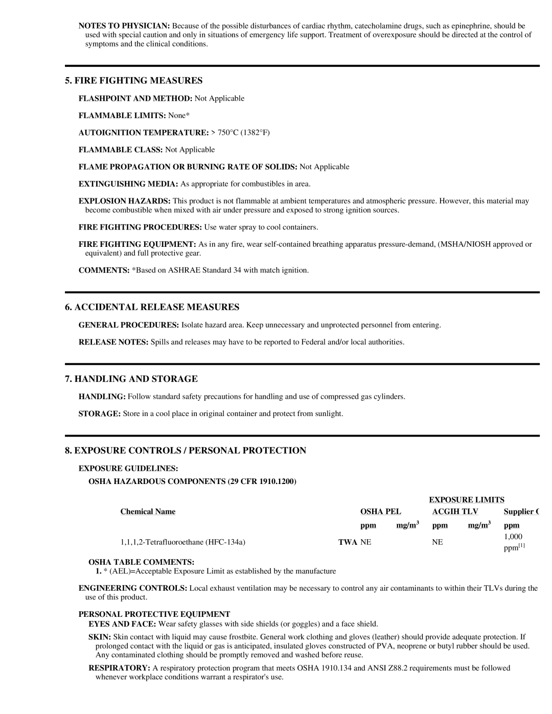 Radio Shack 64-4321, HFC-134a manual Fire Fighting Measures, Accidental Release Measures, Handling and Storage 