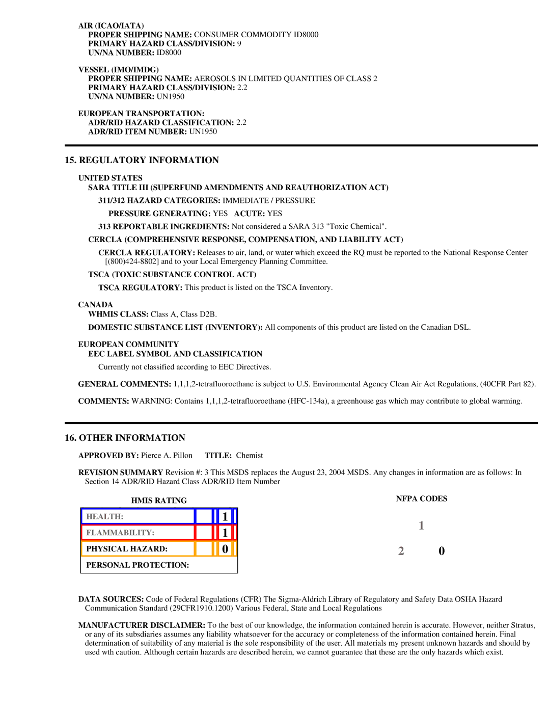 Radio Shack 64-4321, HFC-134a manual Regulatory Information, Other Information 