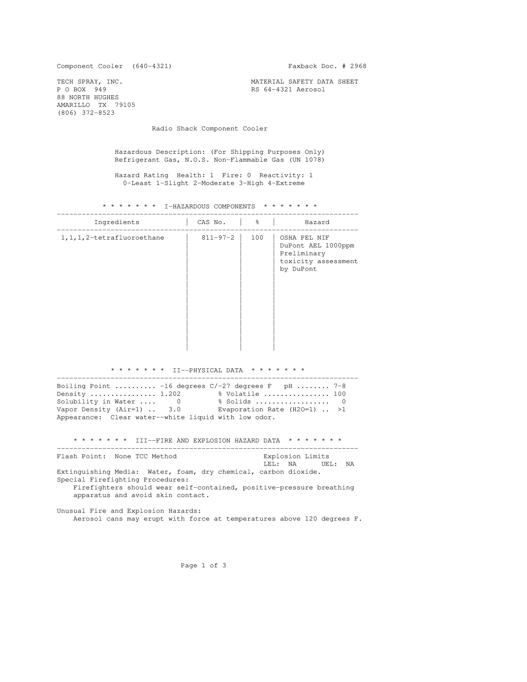 Radio Shack 640-4321 manual Tech SPRAY, INC, Box, North Hughes, Osha PEL NIF, Lel Na Uel Na 