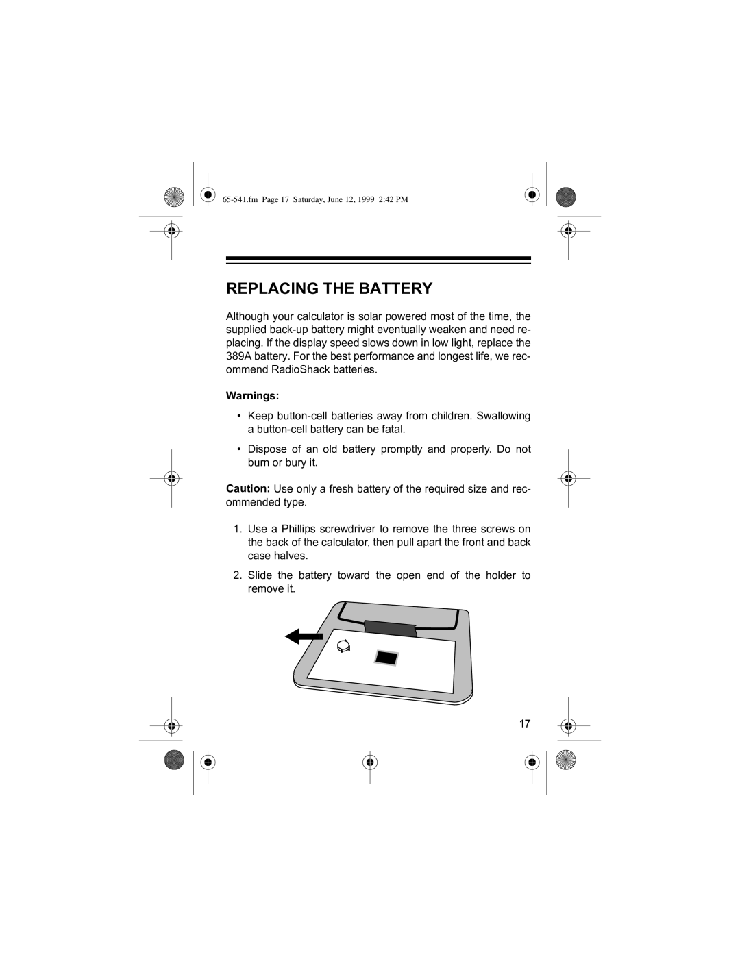 Radio Shack 65-541 manual 53/$&,1*ý7+ý%$775, DUQLQJVãý 