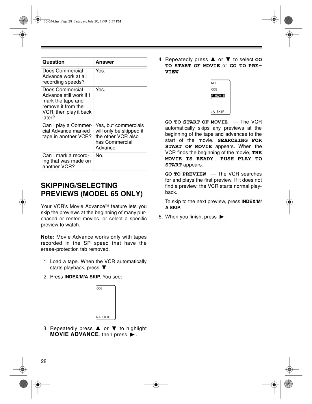 Radio Shack 64 owner manual SKIPPING/SELECTING Previews Model 65 only 