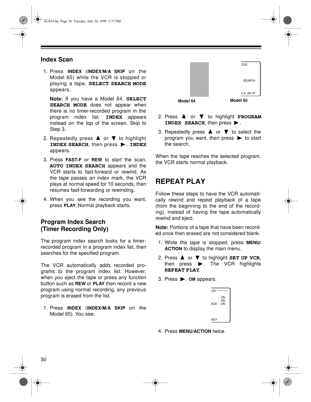 Radio Shack 65, 64 owner manual Repeat Play, Index Scan, Program Index Search Timer Recording Only 